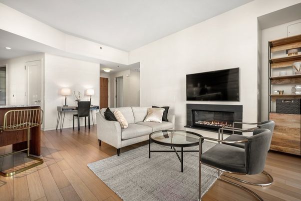 Fireplace, Interior, Living room, Recessed Lighting, Wood Texture Flooring