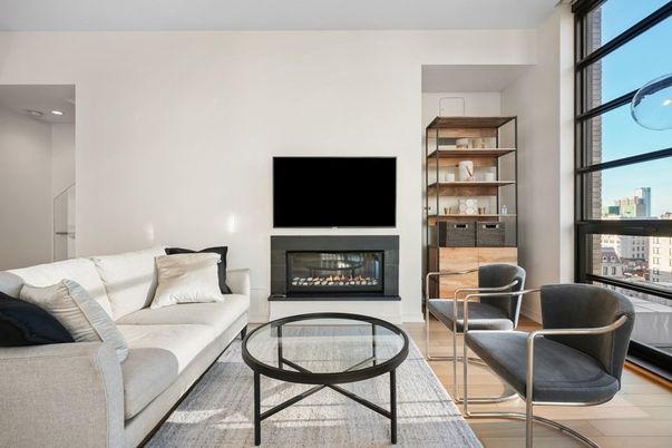 Fireplace, Interior, Living room, Recessed Lighting, Wood Texture Flooring