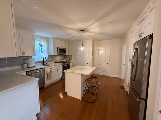 Interior, Kitchen, Pendant Lights, Recessed Lighting, Stainless Steel Appliances, Wood Texture Flooring