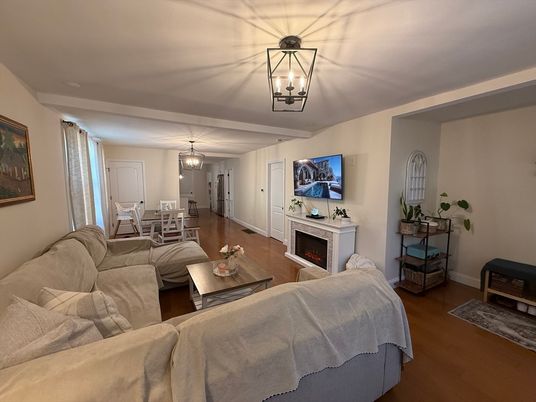 Dining room, Fireplace, Interior, Living room, Pendant Lights, Wood Texture Flooring