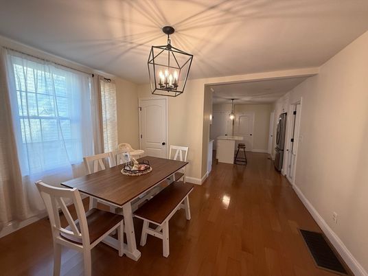 Dining room, Interior, Pendant Lights, Wood Texture Flooring