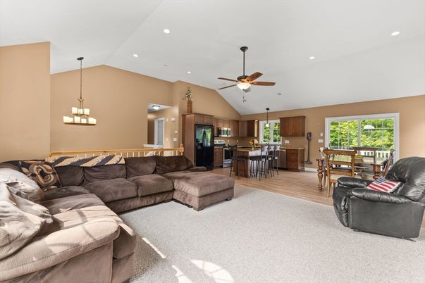 Chandelier, Dining room, Interior, Kitchen, Living room, Pendant Lights, Recessed Lighting, Wood Texture Flooring