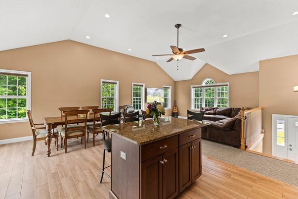 Dining room, Interior, Living room, Recessed Lighting, Wood Texture Flooring