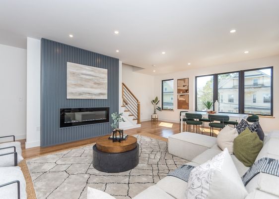 Dining room, Fireplace, Interior, Living room, Recessed Lighting, Wood Texture Flooring