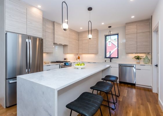 Interior, Kitchen, Pendant Lights, Recessed Lighting, Stainless Steel Appliances, Wood Texture Flooring