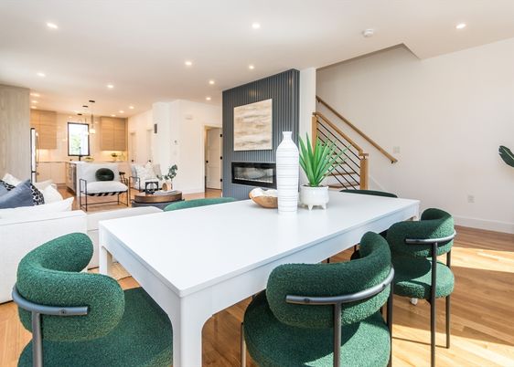 Dining room, Fireplace, Interior, Kitchen, Living room, Pendant Lights, Recessed Lighting, Wood Texture Flooring