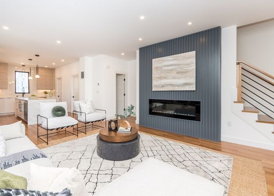 Fireplace, Interior, Kitchen, Living room, Pendant Lights, Recessed Lighting, Wood Texture Flooring
