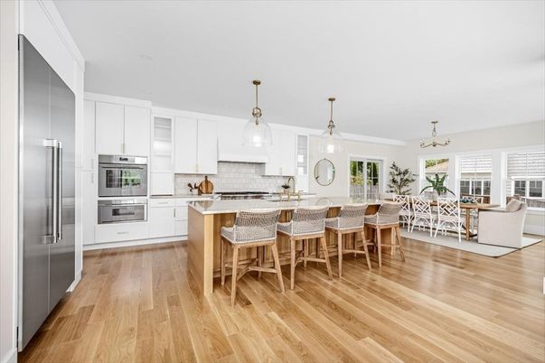 Dining room, Interior, Kitchen, Pendant Lights, Stainless Steel Appliances, Wood Texture Flooring