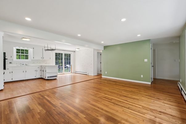 Empty room, Interior, Kitchen, Recessed Lighting, Wood Texture Flooring