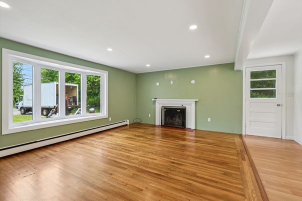 Empty room, Fireplace, Interior, Recessed Lighting, Wood Texture Flooring