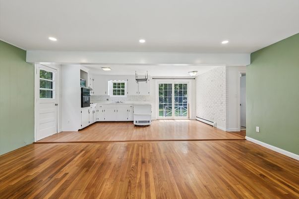Empty room, Interior, Kitchen, Recessed Lighting, Wood Texture Flooring