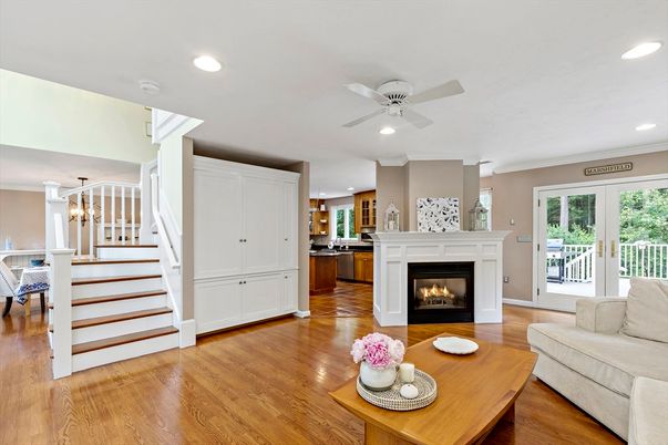 Fireplace, Interior, Living room, Recessed Lighting, Wood Texture Flooring