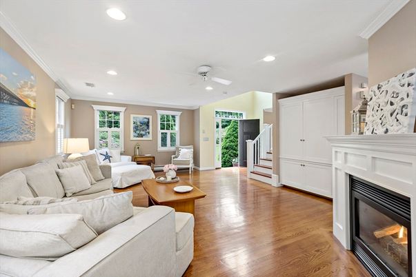 Fireplace, Interior, Living room, Recessed Lighting, Wood Texture Flooring