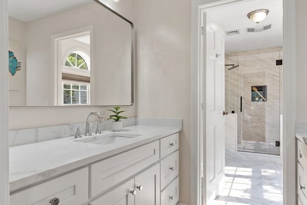 Bathroom, Dual Sink Vanities, Glass Shower, Interior, Marble, Marble Walls