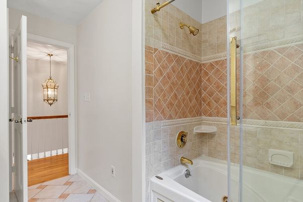 Bathroom, Glass Shower, Interior, Pendant Lights, Wood Texture Flooring