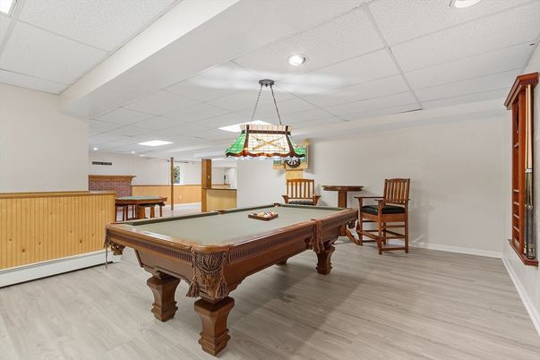 Billiard Table, Game Room, Interior, Pendant Lights, Recessed Lighting, Wood Texture Flooring