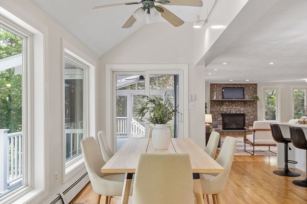 Dining room, Fireplace, Interior, Recessed Lighting, Stone Walls, Wood Texture Flooring