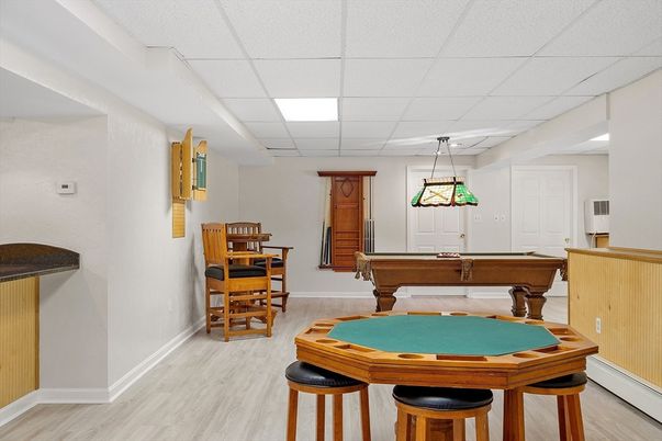 Billiard Table, Game Room, Interior, Pendant Lights, Wood Texture Flooring