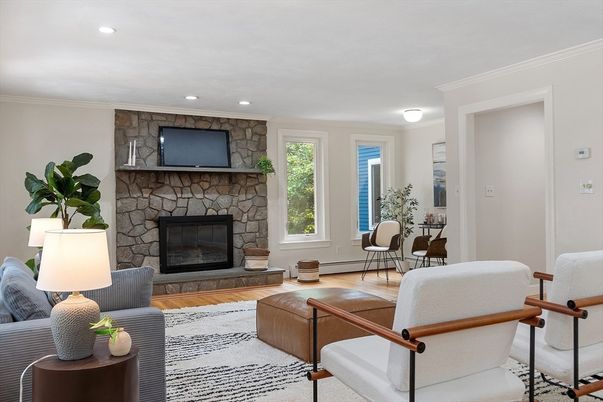 Dining room, Fireplace, Interior, Recessed Lighting, Stone Walls, Wood Texture Flooring