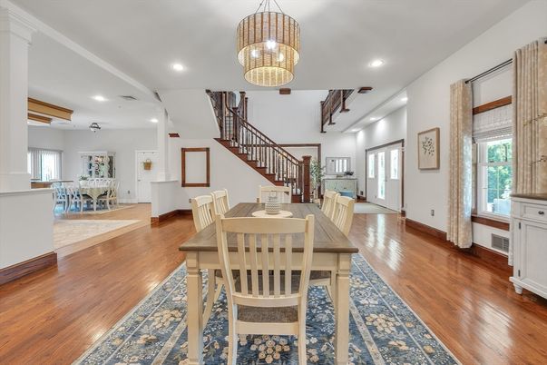 Dining room, Interior, Pendant Lights, Recessed Lighting, Wood Texture Flooring