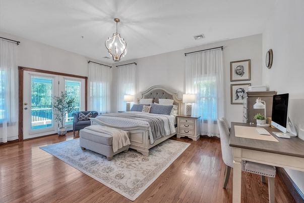Bedroom, Interior, Pendant Lights, Wood Texture Flooring