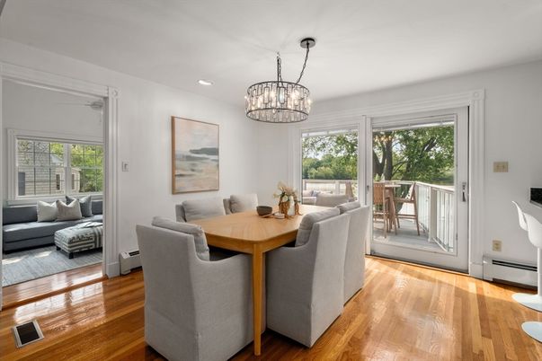 Chandelier, Dining room, Interior, Pendant Lights, Recessed Lighting, Wood Texture Flooring