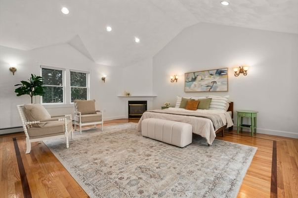 Bedroom, Fireplace, Interior, Recessed Lighting, Wood Texture Flooring