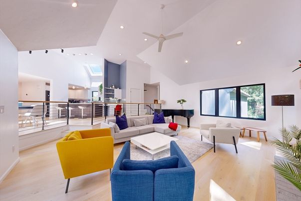 Interior, Kitchen, Living room, Piano, Recessed Lighting, Stainless Steel Appliances, Wood Texture Flooring
