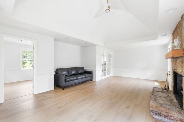 Empty room, Fireplace, Interior, Recessed Lighting, Wood Texture Flooring