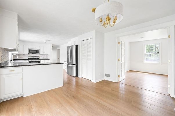 Chandelier, Interior, Kitchen, Stainless Steel Appliances, Wood Texture Flooring