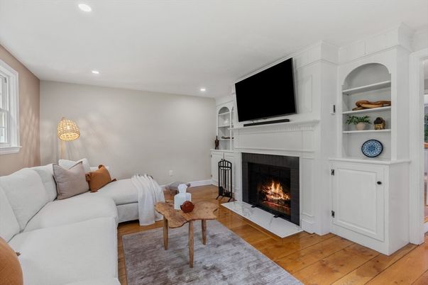 Fireplace, Interior, Living room, Recessed Lighting, Wood Texture Flooring