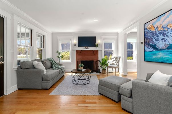 Fireplace, Interior, Living room, Recessed Lighting, Wood Texture Flooring