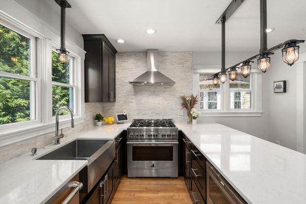 Interior, Kitchen, Pendant Lights, Recessed Lighting, Stainless Steel Appliances, Wood Texture Flooring
