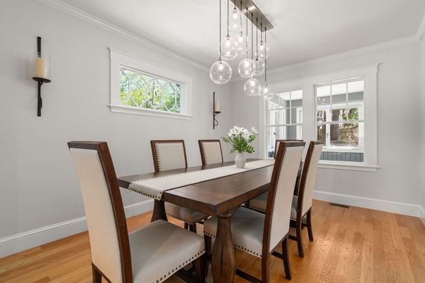 Dining room, Interior, Pendant Lights, Wood Texture Flooring