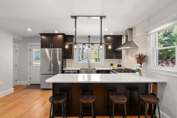 Interior, Kitchen, Pendant Lights, Recessed Lighting, Stainless Steel Appliances, Wood Texture Flooring