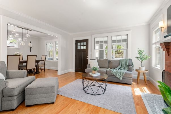Dining room, Interior, Living room, Pendant Lights, Wood Texture Flooring