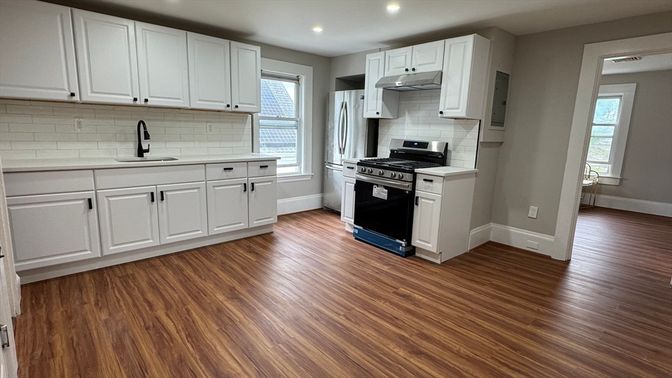Interior, Kitchen, Recessed Lighting, Stainless Steel Appliances, Wood Texture Flooring