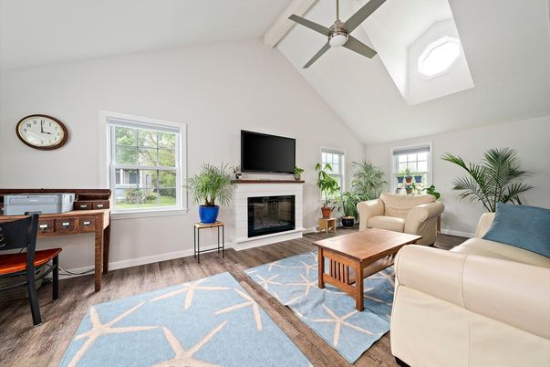Fireplace, Home Office, Interior, Living room, Wood Texture Flooring