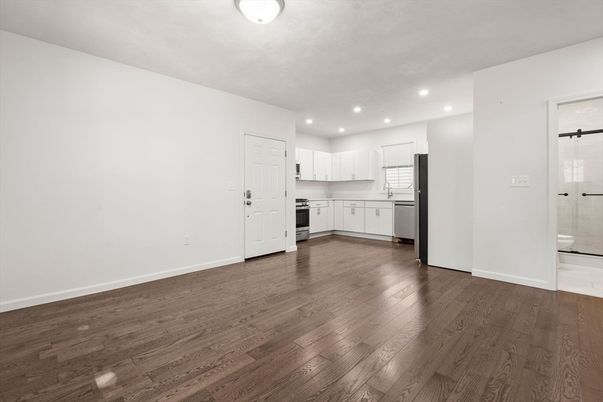 Empty room, Interior, Kitchen, Recessed Lighting, Wood Texture Flooring