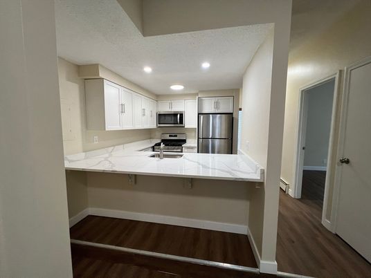 Interior, Kitchen, Recessed Lighting, Stainless Steel Appliances, Wood Texture Flooring