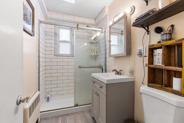 Bathroom, Glass Shower, Interior, Wood Texture Flooring