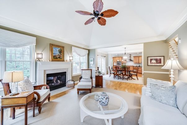 Chandelier, Dining room, Fireplace, Interior, Living room, Pendant Lights, Wood Texture Flooring