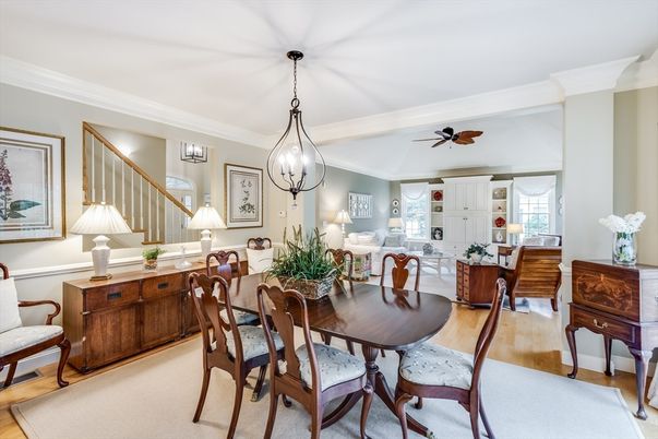 Dining room, Interior, Living room, Pendant Lights, Wood Texture Flooring