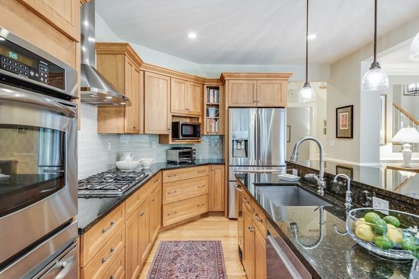 Interior, Kitchen, Pendant Lights, Recessed Lighting, Stainless Steel Appliances, Wood Texture Flooring
