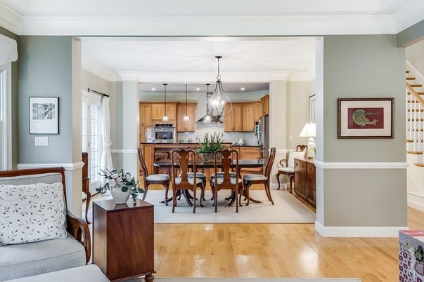Dining room, Interior, Kitchen, Pendant Lights, Recessed Lighting, Stainless Steel Appliances, Wood Texture Flooring