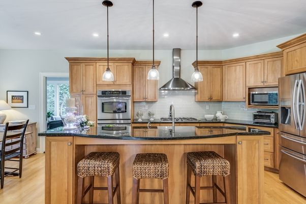 Interior, Kitchen, Pendant Lights, Recessed Lighting, Stainless Steel Appliances, Wood Texture Flooring