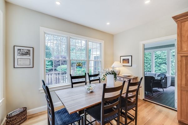 Dining room, Interior, Living room, Recessed Lighting, Wood Texture Flooring