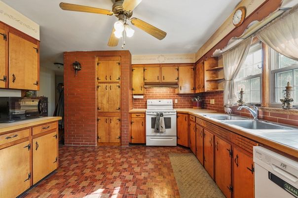 Interior, Kitchen, Stone Walls, Tile Countertops, Wood Texture Flooring