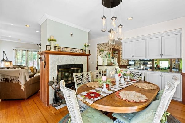 Dining room, Fireplace, Interior, Kitchen, Living room, Pendant Lights, Recessed Lighting, Wood Texture Flooring