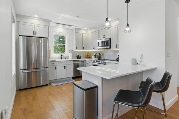 Interior, Kitchen, Pendant Lights, Recessed Lighting, Stainless Steel Appliances, Wood Texture Flooring